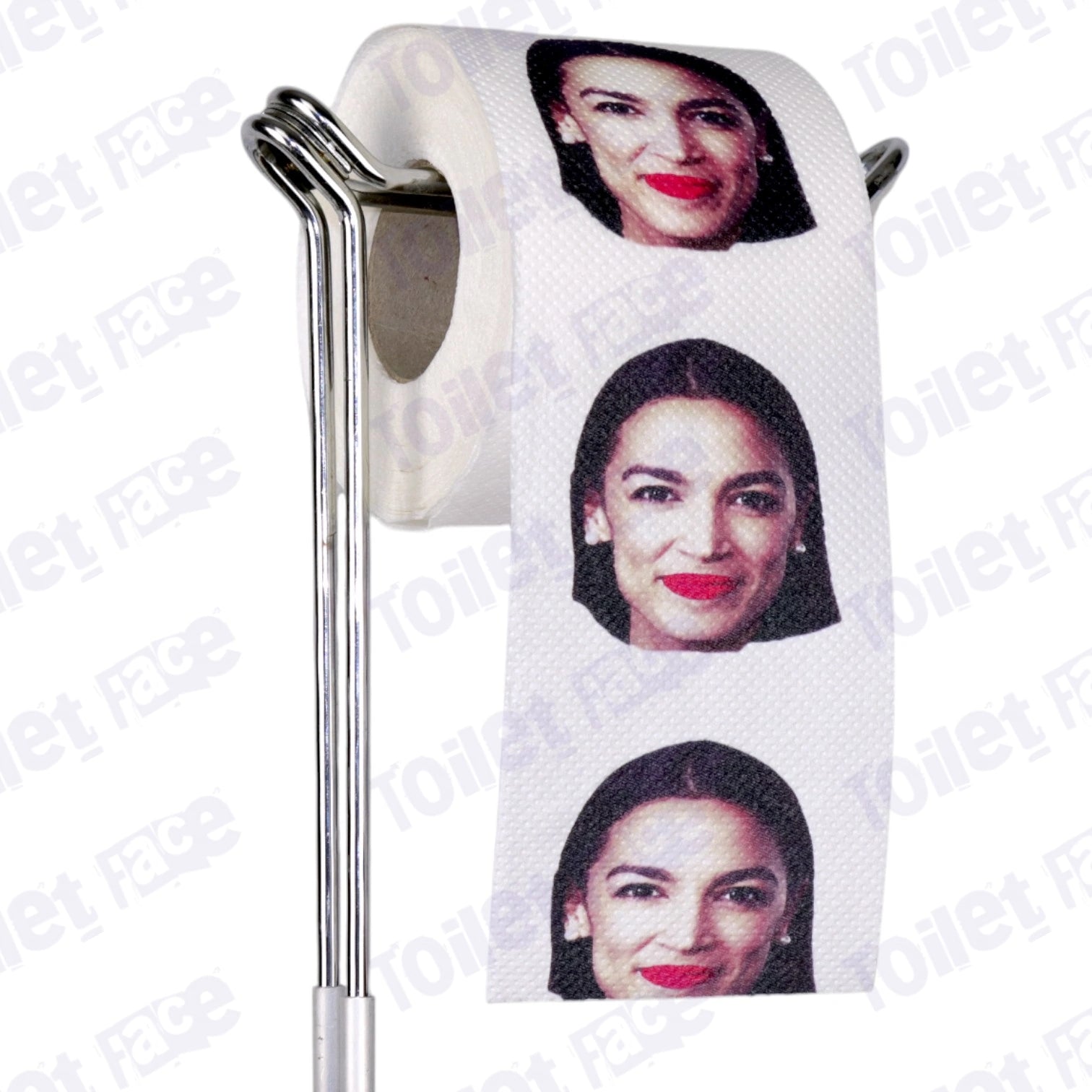 Alexandria Ocasio-Cortez Novelty Toilet Paper Product Image On A Stand