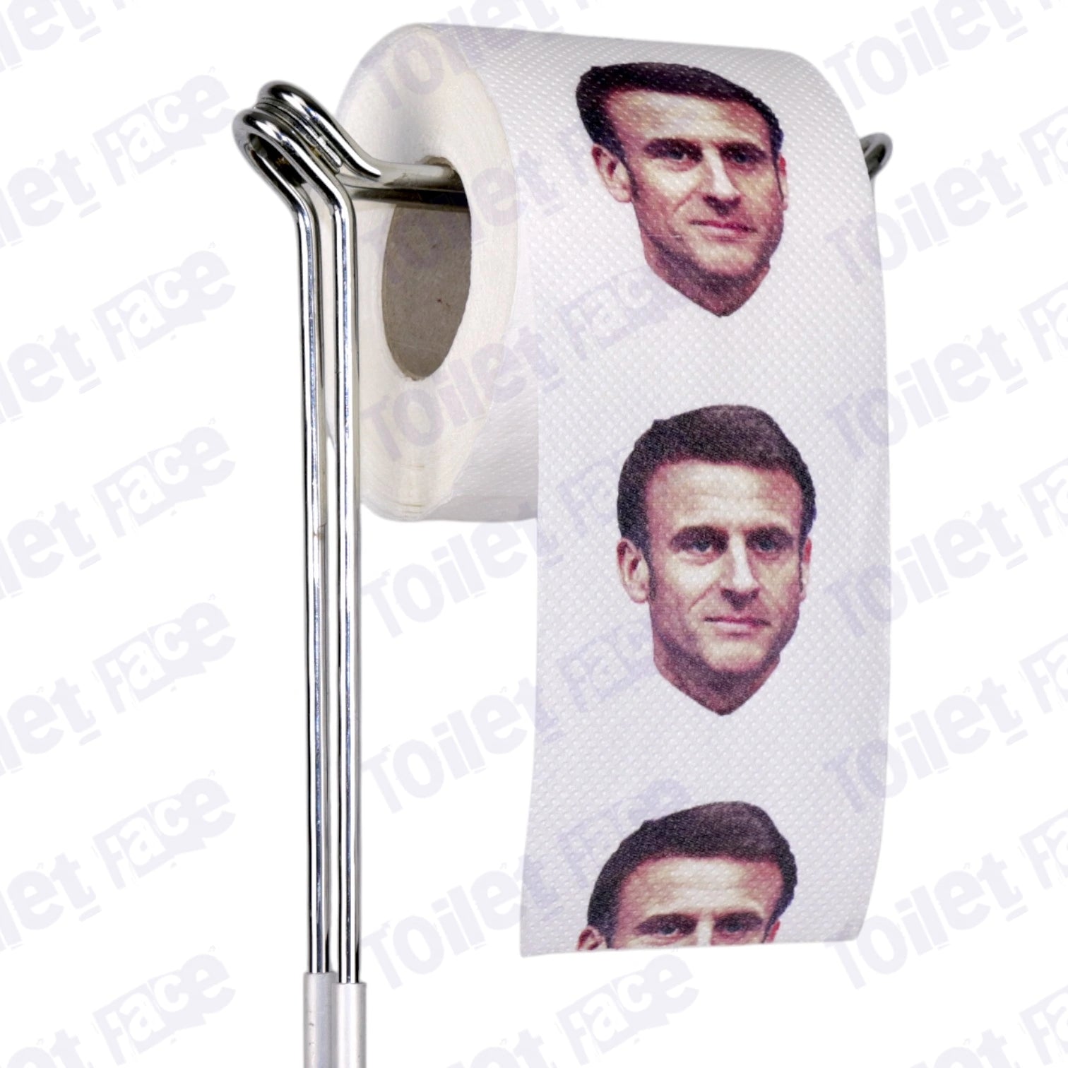 Emmanuel Macron Novelty Toilet Paper Product Image On A Stand
