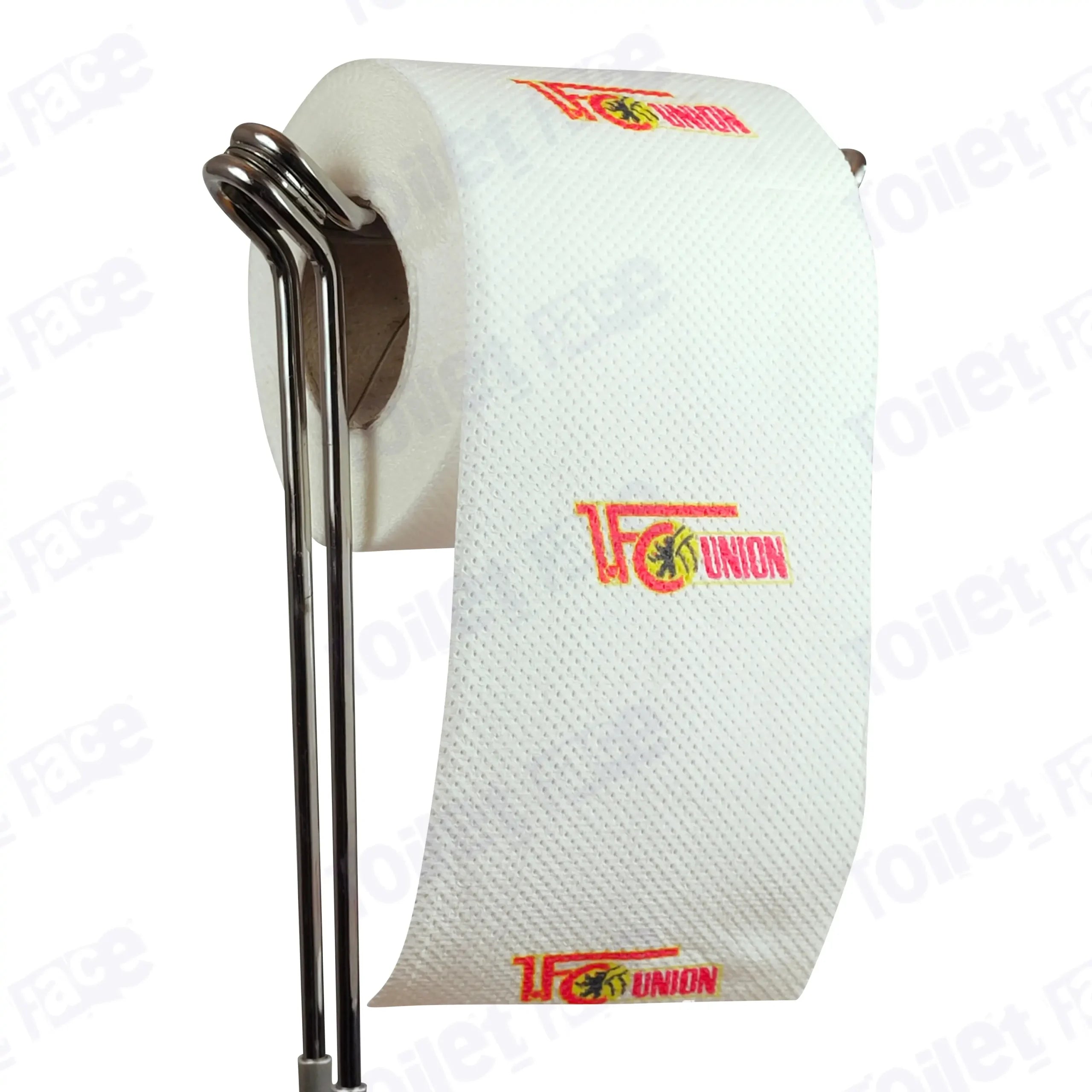 FC Union Berlin Novelty Toilet Paper Product Image On A Stand|FC Union Berlin Novelty Toilet Paper Product Image On It's Side|||||||||||||||