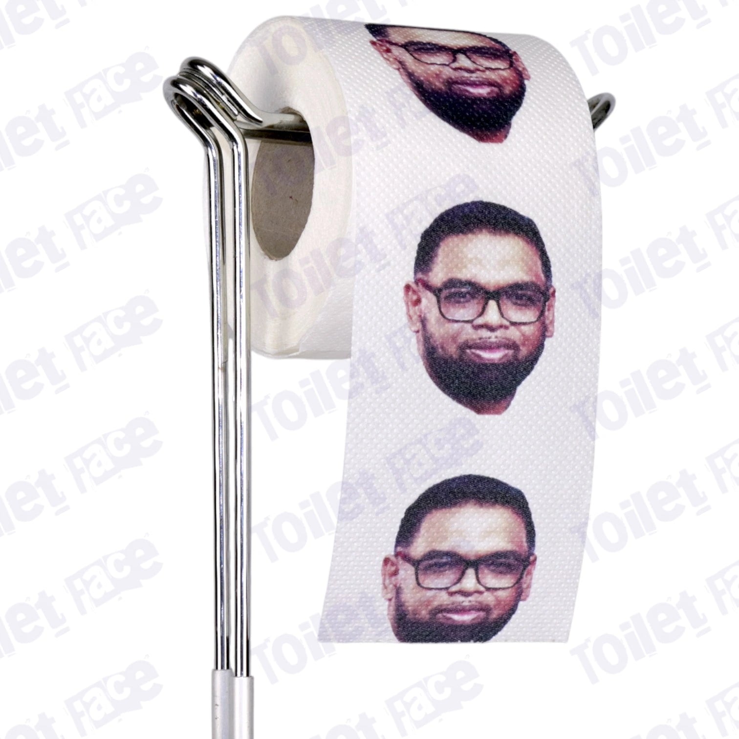 Irfaan Ali Novelty Toilet Paper Product Image On A Stand