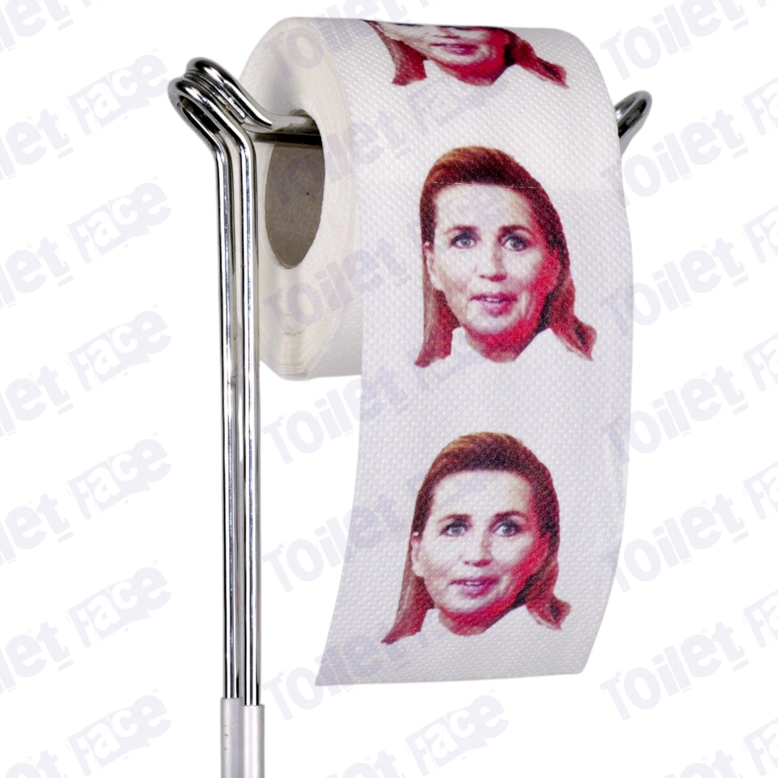 Mette Frederiksen Novelty Toilet Paper Product Image On A Stand