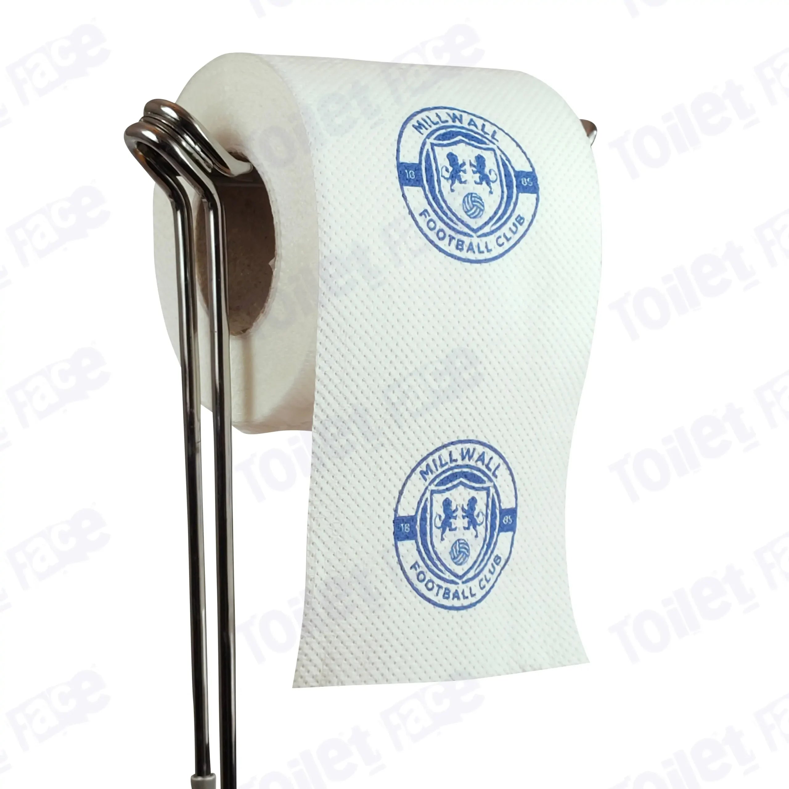 Millwall Novelty Toilet Paper Product Image On A Stand|Millwall Novelty Toilet Paper Product Image On It's Side|||||||||||||||