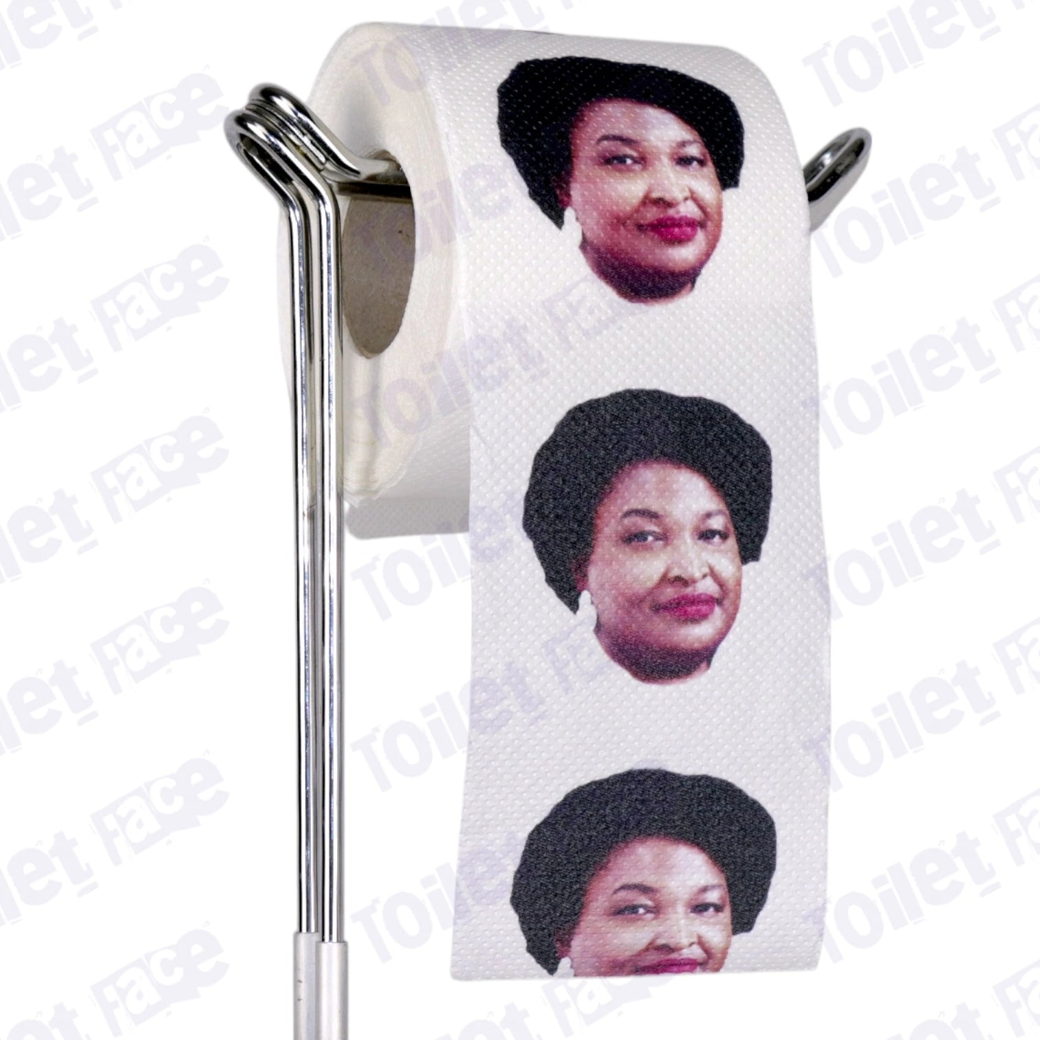 Stacey Abrams Novelty Toilet Paper Product Image On A Stand